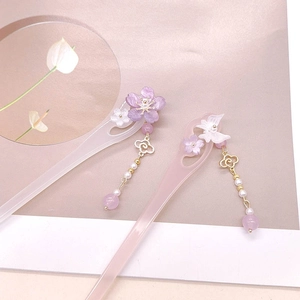 Elegant cherry blossom hair sticks with butterfly charms and golden tassels for updos