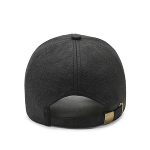 Classic black adjustable cotton baseball cap with bronze metal buckle back view