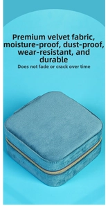 Detail view of square blue velvet jewelry box with golden zipper and soft texture