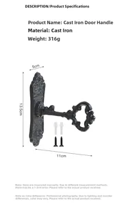 Detailed dimensions of retro key-shaped cast iron door handle with mounting screws