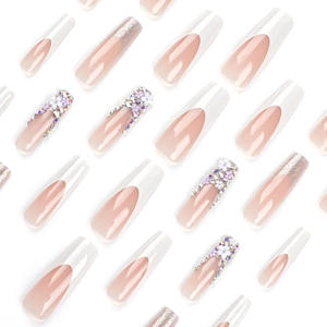 French white tip press-on nails with 3D flowers and crystals on long coffin shape