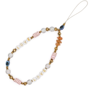 Bohemian Evil Eye beaded phone strap with LOVE letters and colorful clay beads on white base