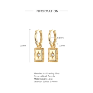 Detailed dimensions of gold S925 sterling silver star rectangular drop earrings with zircon