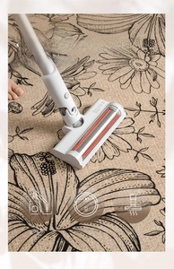 Close-up of vacuum cleaner brush head on vintage floral carpet showing textured bristles