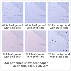 Detail view of 6 patterns including gold stars and dots on translucent tissue paper