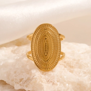 18K gold plated stainless steel adjustable oval ring with textured vintage finish
