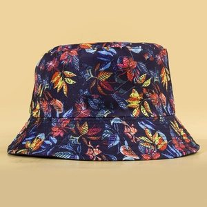 Reversible Bucket Hat Polyester Colorful Leaf Print Foldable Double Sided Sun Protection Summer Outdoor Tropical Travel