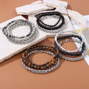 Men's retro titanium steel bracelet set featuring natural rhodonite beads and silver chains