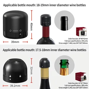Mini wine and champagne stopper set showing dimensions and sleek black airtight design