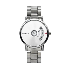 Minimalist silver stainless steel watch with unique rotating disc time window display