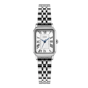 Elegant GEDI women's square watch featuring a silver steel strap and white Roman dial