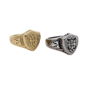Vintage knight shield rings with cross emblems in gold and antique silver finish