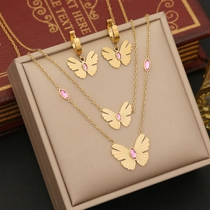 Double Layer Butterfly Pendant Necklace Stainless Steel With Pink Gemstone Fashion Jewelry For Women Trendy Style