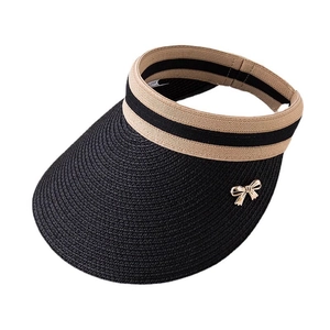Women's black straw visor hat with golden butterfly detail and stripe edge for sun protection