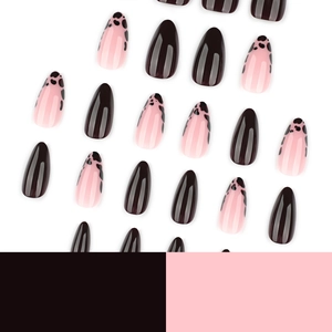 Short almond press-on nails featuring dark coffee color and pink leopard print patterns