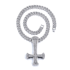 Hip hop silver Cuban chain necklace with a large iced-out inverted cross pendant