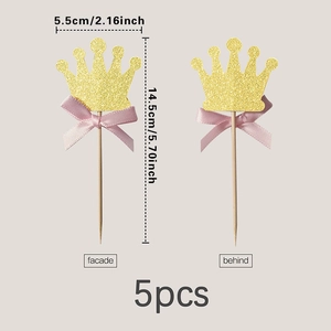 Glitter crown cake topper with pink bow, set of 5 pieces, showing dimensions and both sides