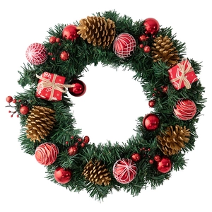 Christmas wreath with red baubles, pine cones, and gift box decorations on white background