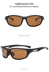 Macro view of C5 sports sunglasses with sand black frames and tea lenses showing airflow vents