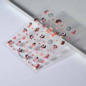 5D embossed cartoon girl nail art stickers with floral and heart patterns for spring fashion