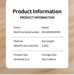 Specifications chart for the multi-functional baby walker showing size and ABS materials