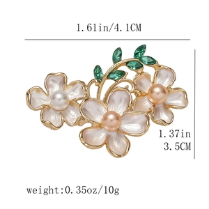 Detailed size chart showing enamel pearl flower brooch measuring 1.61 by 1.37 inches