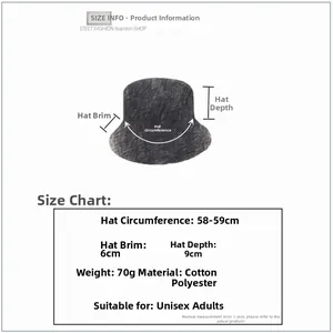 Size chart detail for unisex cotton bucket hat with 58-59cm circumference and 6cm brim