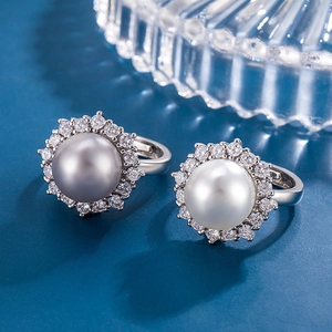 Sunflower Artificial Pearl Zircon Ring Adjustable Open Design Flower Shaped Delicate Jewelry For Women Elegant Gift