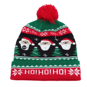 Detail of Christmas knit hat showing the ON/OFF switch for LED lights and reindeer pattern