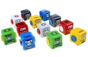 Detailed set of twelve colorful square cartoon pull-back toy cars for children in grid layout
