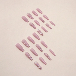 Long ballerina press-on nails in dusty pink with rhinestones and 3D crystal butterflies