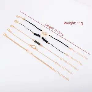 Five-piece gold chain bracelet set with leaf, heart, and infinity charms, length 17+5cm
