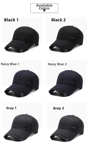 Detailed display of men's casual baseball caps in black, navy blue, and grey color options