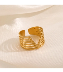 Macro shot of 18K gold plated multi-layer stainless steel V-ring on white silk cloth