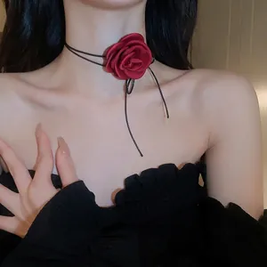 Handmade red fabric rose choker necklace with elegant black adjustable velvet cord