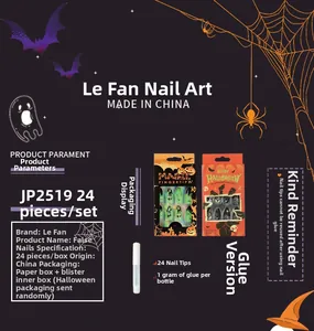 Détails du kit d'ongles Halloween avec motifs citrouille et toile d'araignée et colle