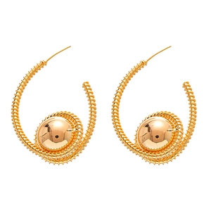 Minimalist gold hoop earrings with spiral metal wire design and polished metal bead ball