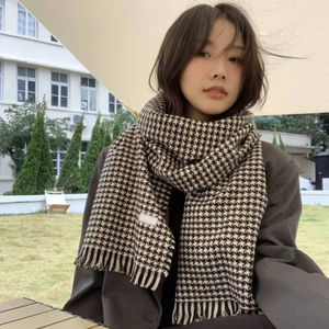 Classic houndstooth plaid scarf with tassels in brown and beige, thick winter shawl