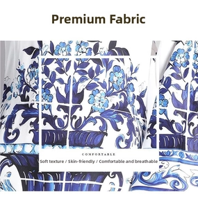 Close-up of soft blue floral porcelain print fabric with breathable texture