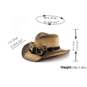 Steampunk cowboy hat with vintage goggles and mechanical gear details on white background