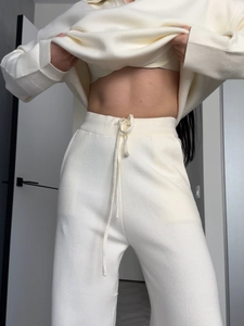 Women's cream white knit two-piece polo sweater and drawstring pants lounge set
