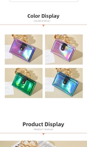 Detail view of colorful holographic slim card holders in purple, green, and blue finishes
