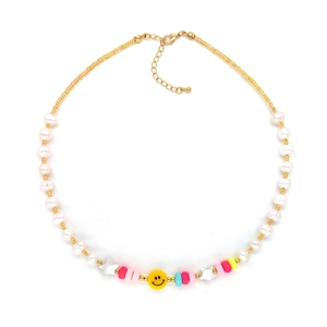 Natural freshwater pearl necklace with smiley face pendant and colorful clay beads
