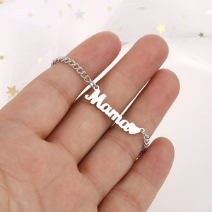 Polished silver stainless steel Mama chain necklace with heart pendant for women