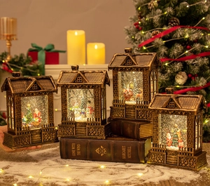 Close-up of vintage bronze Christmas lanterns with LED lights and holiday scenes