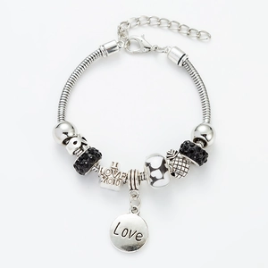 Silver Pandora style snake chain bracelet with black beads and Love heart charms
