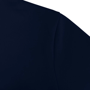 Detailed macro view of reinforced shoulder stitching on dark blue fleece hoodie