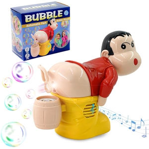 Close-up of automatic fart bubble blower packaging with light and music features
