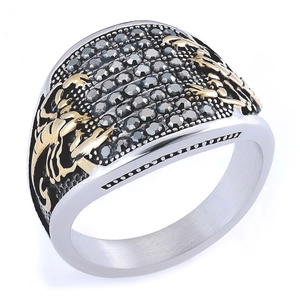 Retro stainless steel men's ring with silver band, gold relief and black crystals