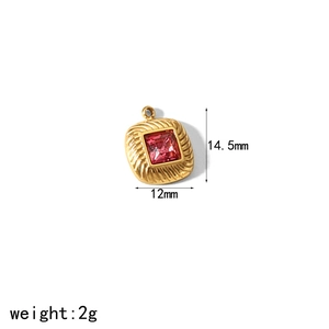 Square gold stainless steel pendant with red crystal gemstone and 14.5x12mm dimensions